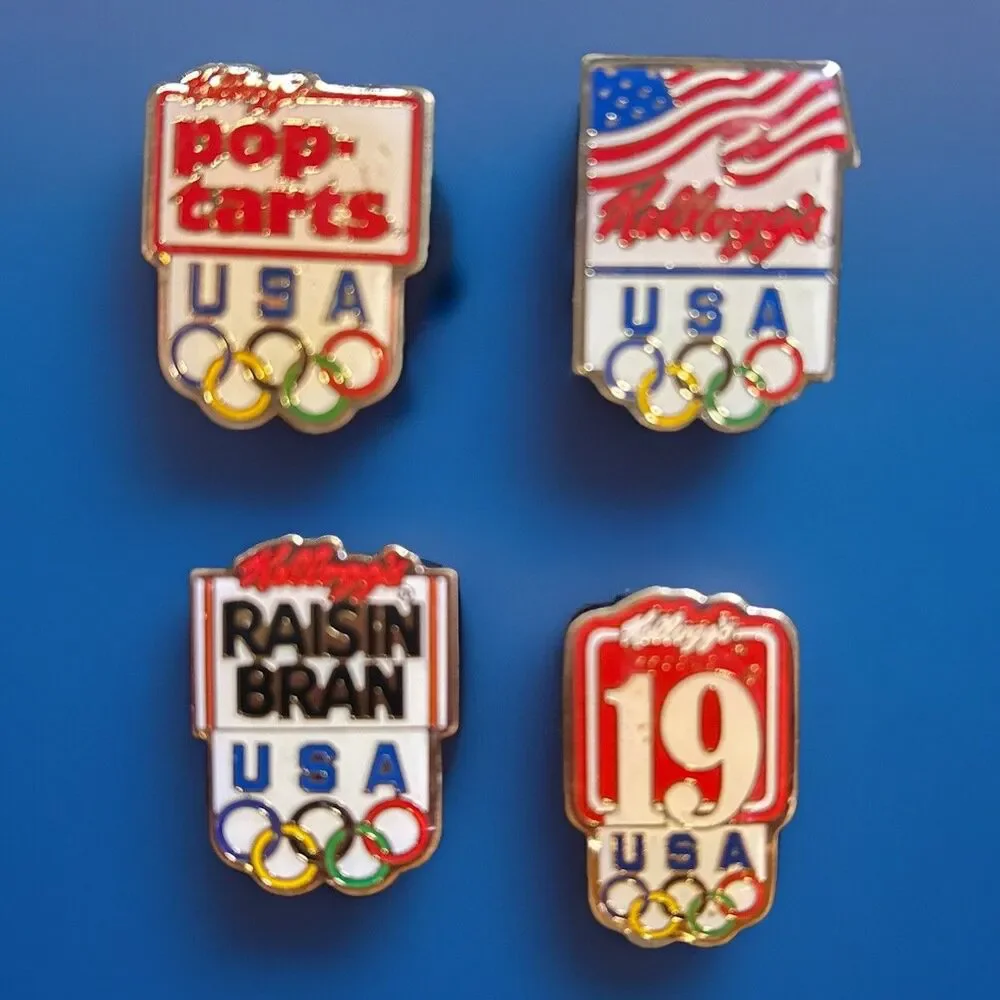 4 Kellogg's Cereal Sponsor Pins 1992 U.S. Olympics Pop Tarts,Raisin Bran,Logo+
